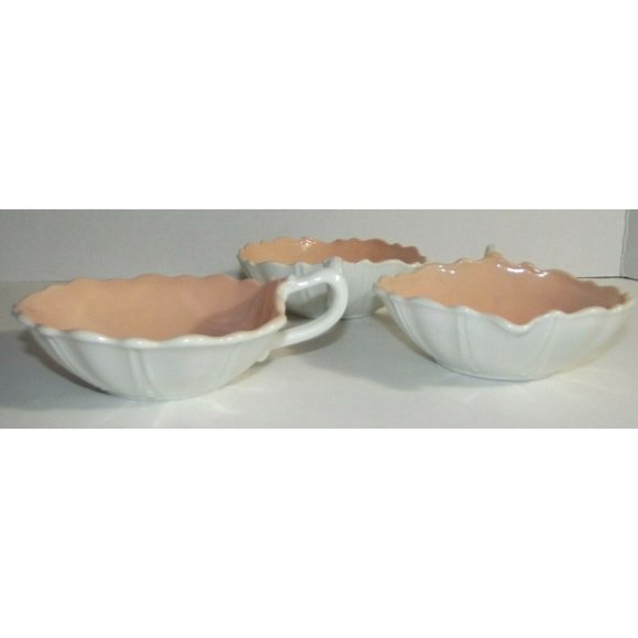 Vtg Lot of 3 Anchor Hocking White Peach Handled Candy Dish nappy leaf cup bowl - Picture 2 of 9